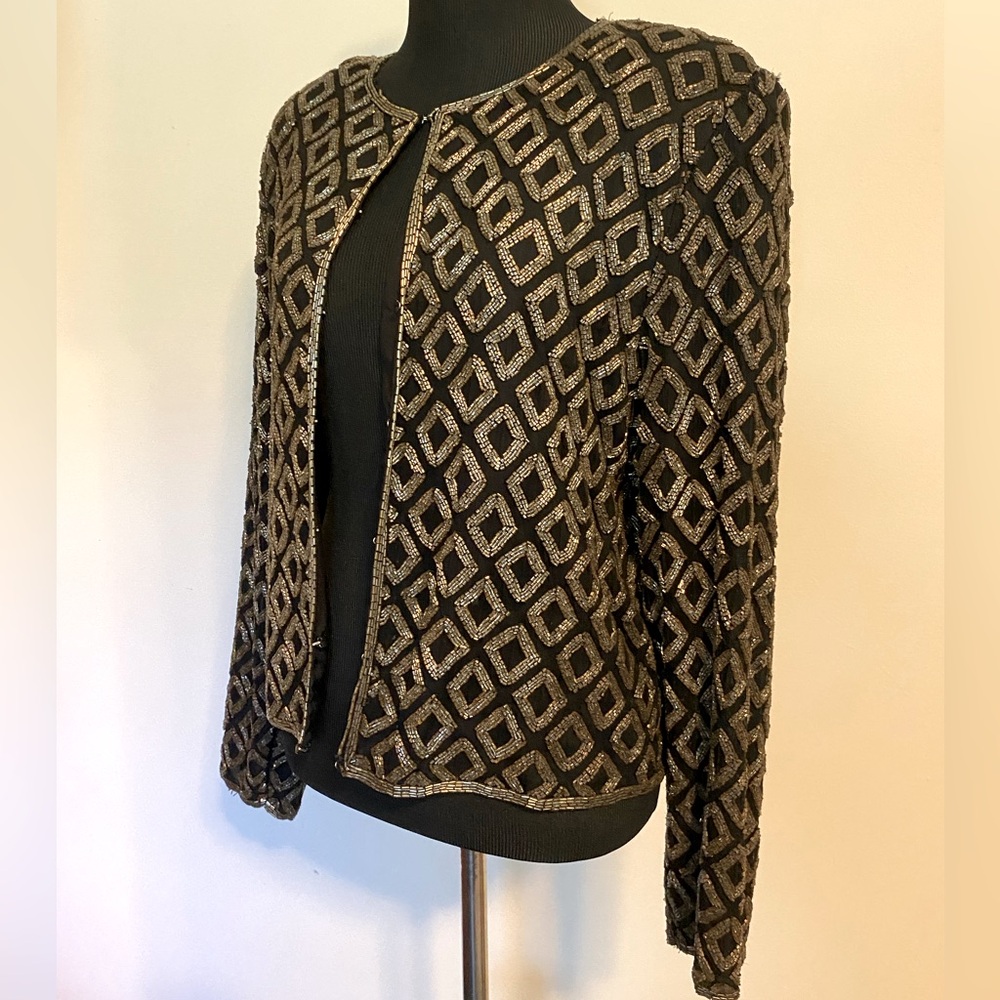 Laurence Kazar Vintage Black And Gold Beaded Jacket Size 8
